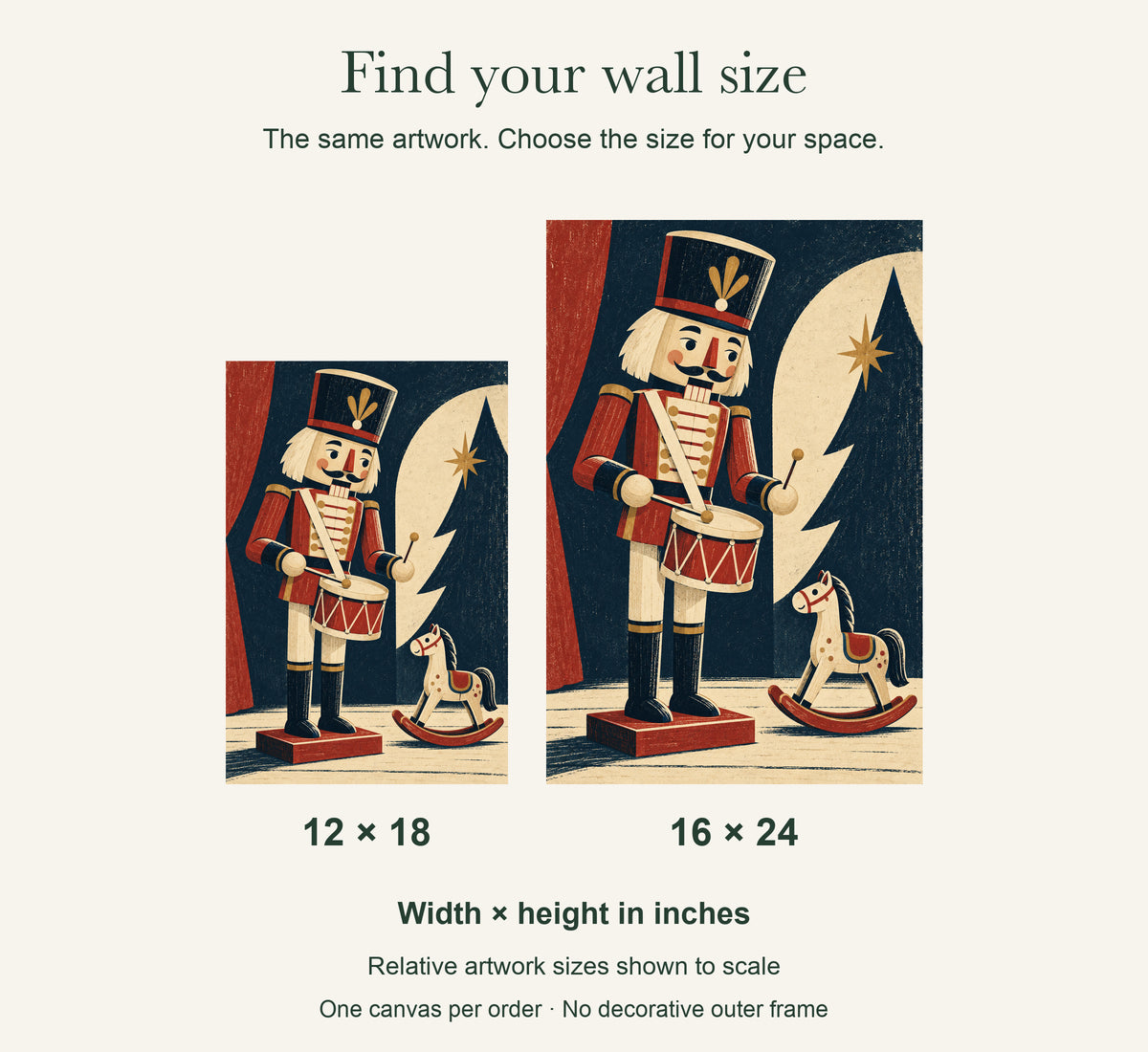 The Midnight Toy Rehearsal — Christmas Canvas Wall Art — artwork size comparison, width × height in inches — Image 9