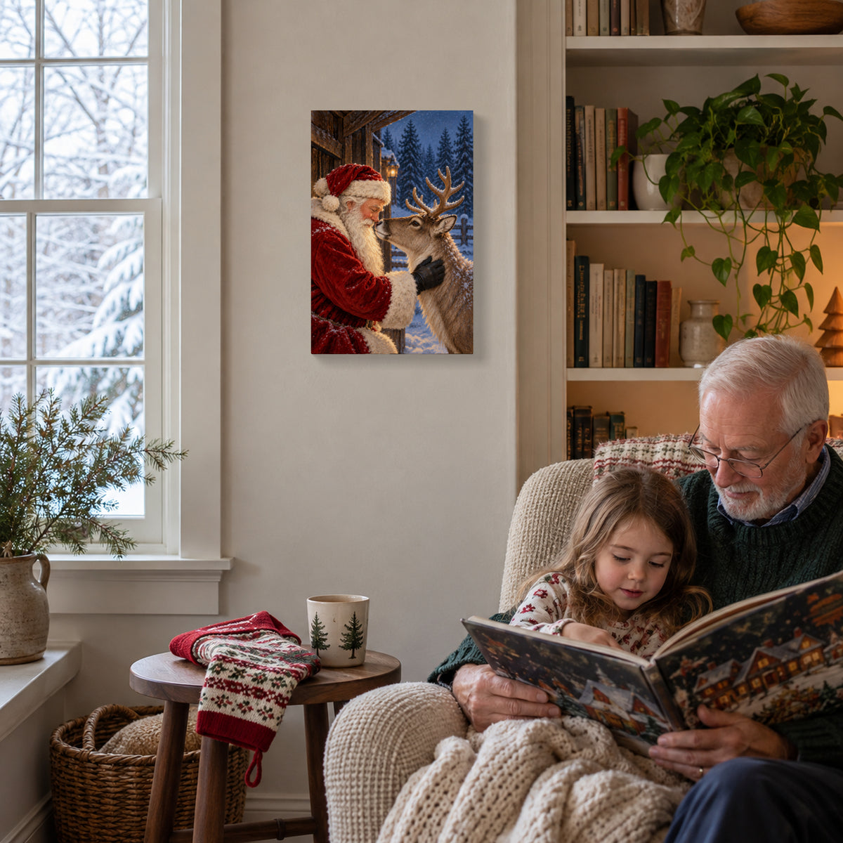 Santa and Reindeer Christmas Canvas Wall Art, Nose-to-Nose Winter Scene, 12 x 18 Inches, Gallery Wrapped, No Outer Frame — Second lifestyle view of complete 12 by 18 inch canvas — Image 2