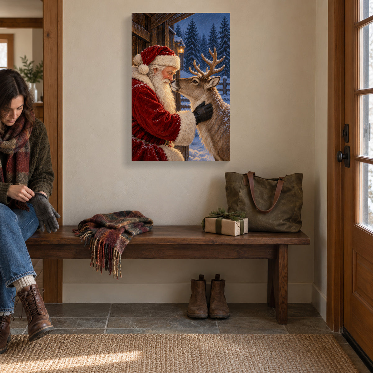 Santa and Reindeer Christmas Canvas Wall Art, Nose-to-Nose Winter Scene, 12 x 18 Inches, Gallery Wrapped, No Outer Frame — Third lifestyle view of complete 12 by 18 inch canvas — Image 3