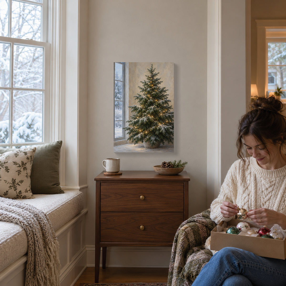 Christmas Tree Canvas Wall Art, Snowy Window and Warm Painted Lights, 12 x 18 Inches, Gallery Wrapped, No Outer Frame — Complete 12 by 18 inch canvas in a styled room — Image 1