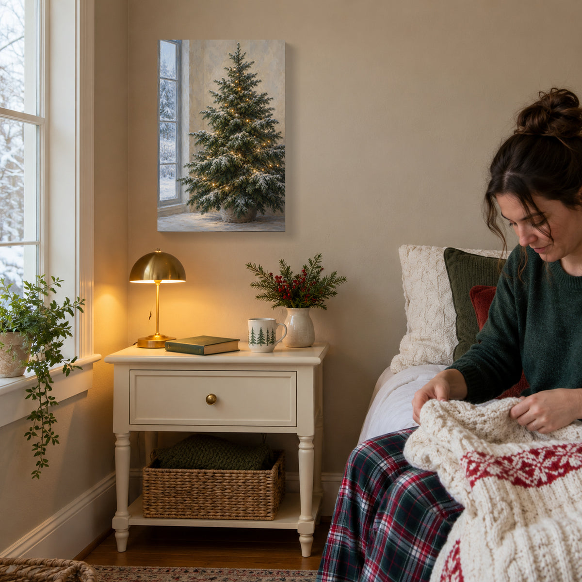 Christmas Tree Canvas Wall Art, Snowy Window and Warm Painted Lights, 12 x 18 Inches, Gallery Wrapped, No Outer Frame — Third lifestyle view of complete 12 by 18 inch canvas — Image 3