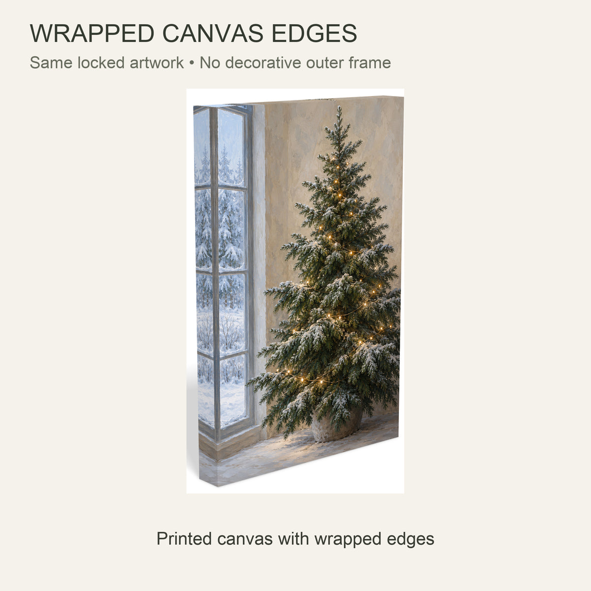 Christmas Tree Canvas Wall Art, Snowy Window and Warm Painted Lights, 12 x 18 Inches, Gallery Wrapped, No Outer Frame — Same artwork wrapped canvas edge detail, no outer frame — Image 6