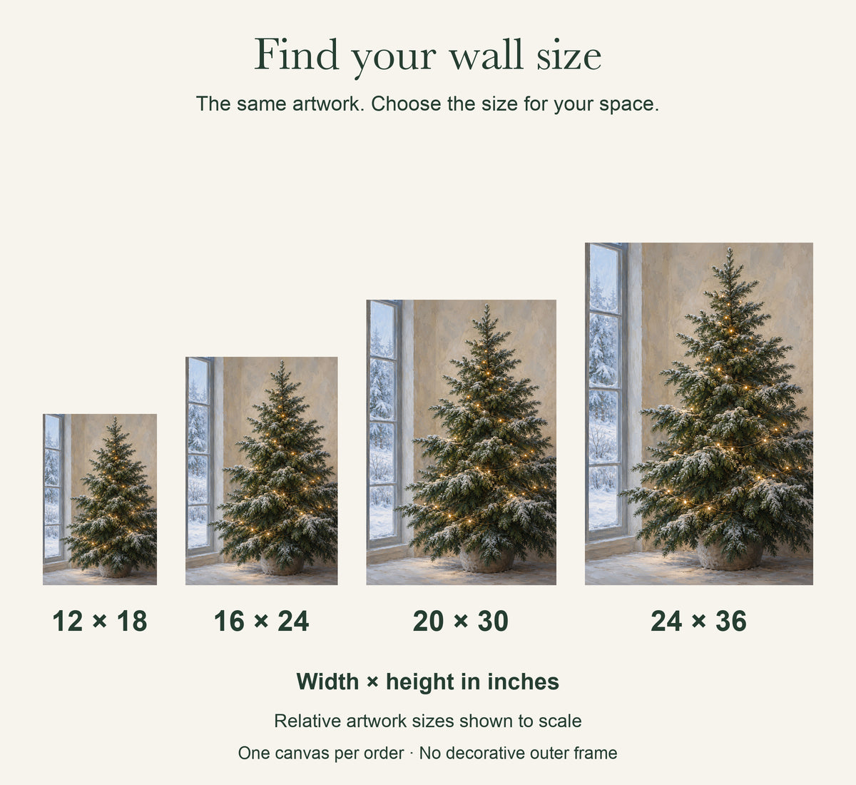 Christmas Tree Canvas Wall Art, Snowy Window and Warm Painted Lights, 12 x 18 Inches, Gallery Wrapped, No Outer Frame — artwork size comparison, width × height in inches — Image 8