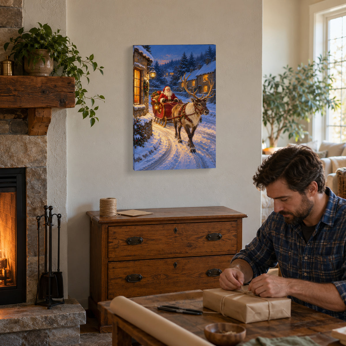 Santa Sleigh and Reindeer Christmas Canvas Wall Art, Snowy Village Street, 12 x 18 Inches, Gallery Wrapped, No Outer Frame — Third lifestyle view of complete 12 by 18 inch canvas — Image 3