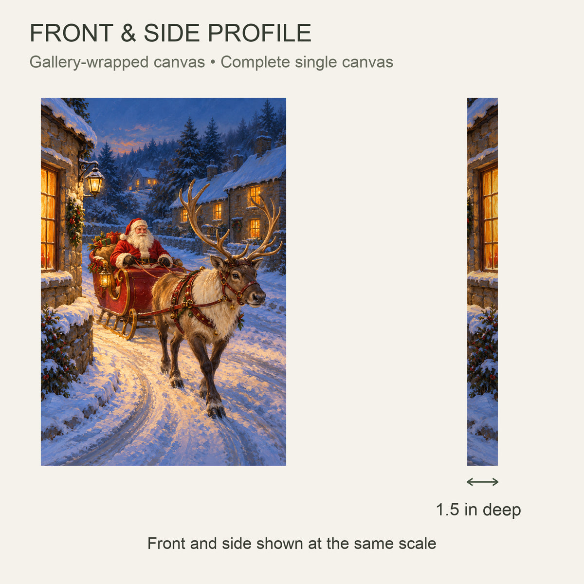 Santa Sleigh and Reindeer Christmas Canvas Wall Art, Snowy Village Street, 12 x 18 Inches, Gallery Wrapped, No Outer Frame — Front and side profile with 1.5-inch depth — Image 5