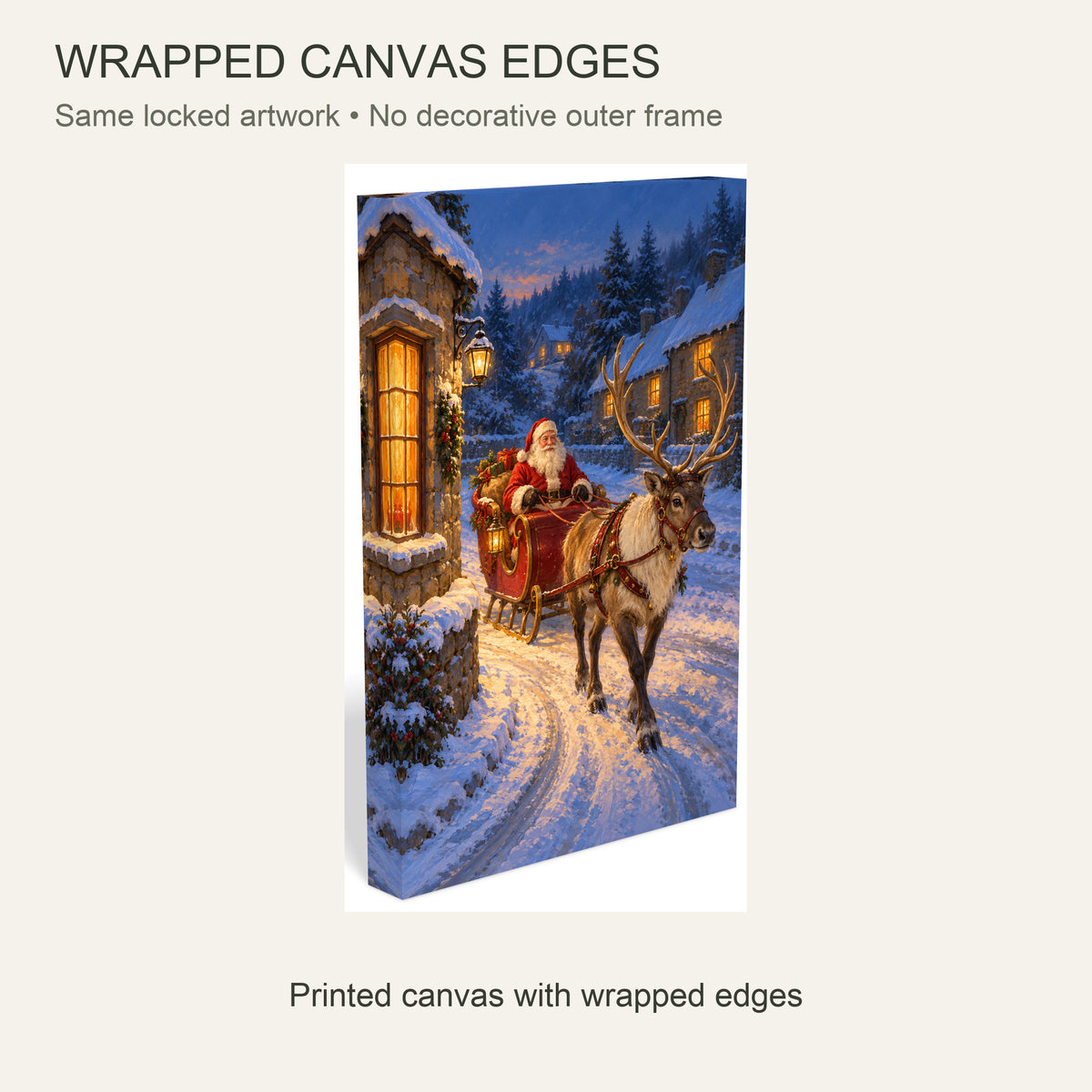 Santa Sleigh and Reindeer Christmas Canvas Wall Art, Snowy Village Street, 12 x 18 Inches, Gallery Wrapped, No Outer Frame — Same artwork wrapped canvas edge detail, no outer frame — Image 6