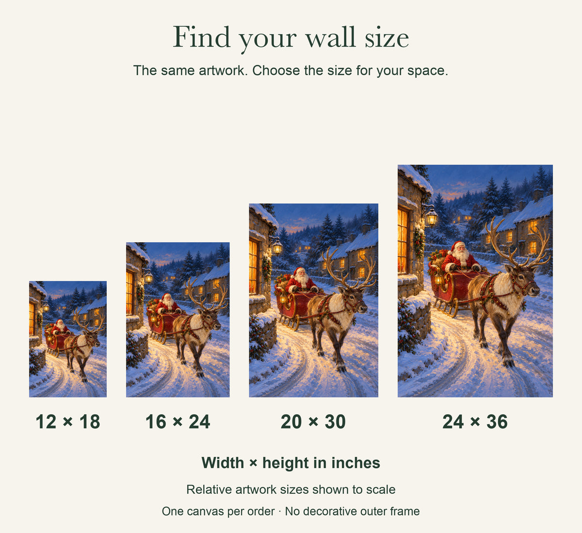 Santa Sleigh and Reindeer Christmas Canvas Wall Art, Snowy Village Street, 12 x 18 Inches, Gallery Wrapped, No Outer Frame — artwork size comparison, width × height in inches — Image 8