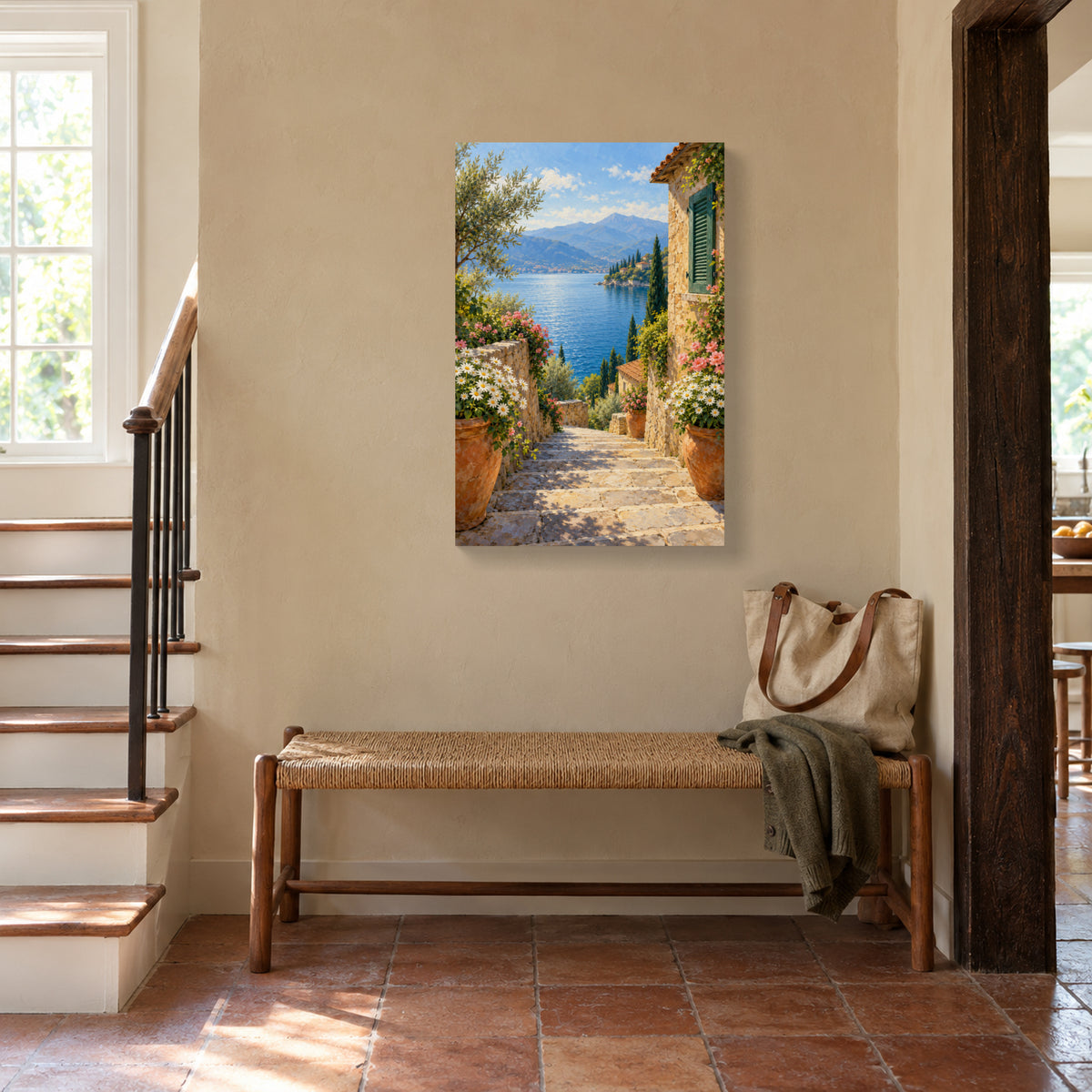 Mediterranean Lake Landscape Canvas Wall Art, Stone Steps and Flowers, 12 x 18 Inches, Gallery Wrapped, No Outer Frame — Third lifestyle view of complete 12 by 18 inch canvas — Image 3