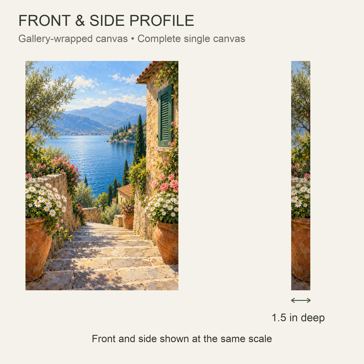 Mediterranean Lake Landscape Canvas Wall Art, Stone Steps and Flowers, 12 x 18 Inches, Gallery Wrapped, No Outer Frame — Front and side profile with 1.5-inch depth — Image 5
