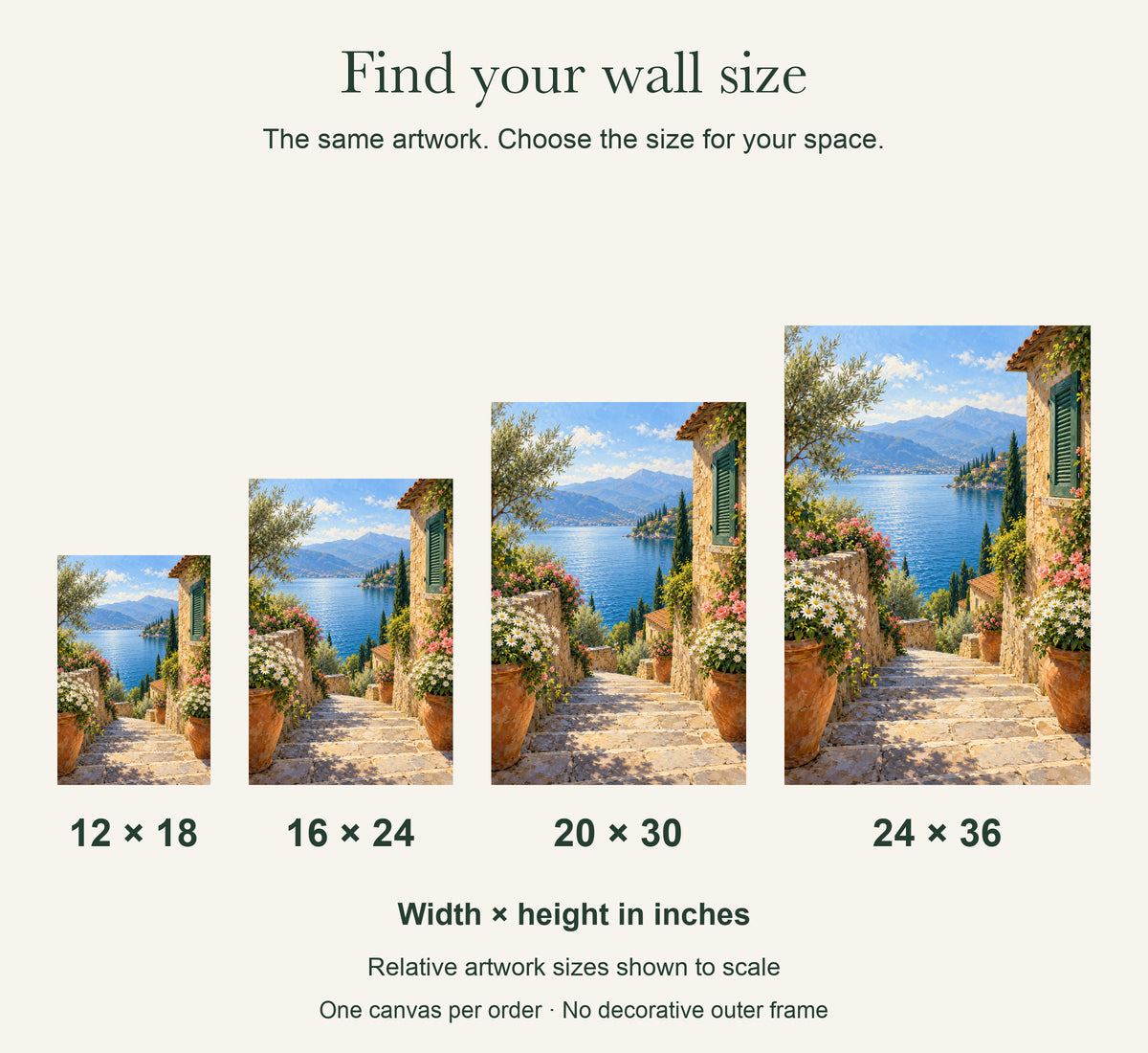 Mediterranean Lake Landscape Canvas Wall Art, Stone Steps and Flowers, 12 x 18 Inches, Gallery Wrapped, No Outer Frame — artwork size comparison, width × height in inches — Image 8
