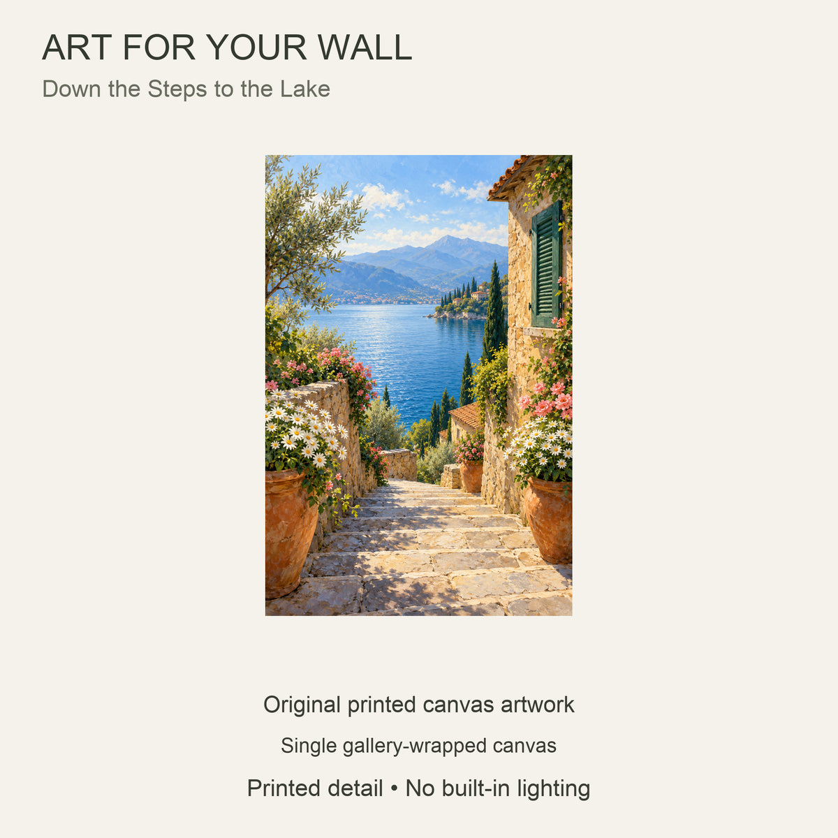 Mediterranean Lake Landscape Canvas Wall Art, Stone Steps and Flowers, 12 x 18 Inches, Gallery Wrapped, No Outer Frame — Artwork theme and single canvas configuration — Image 9