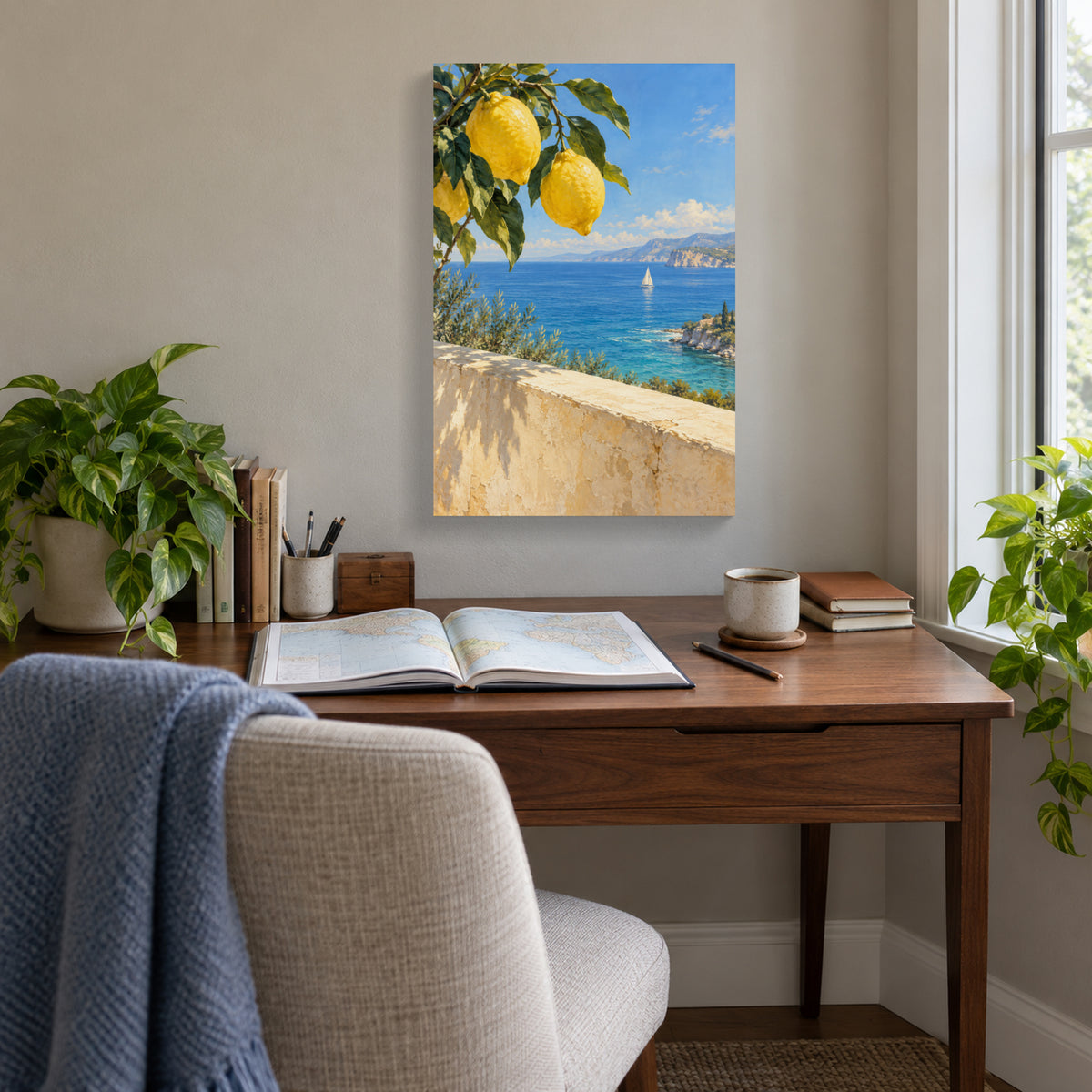 Lemon Tree Coastal Canvas Wall Art, Blue Bay and Sailboat Landscape, 12 x 18 Inches, Gallery Wrapped, No Outer Frame — Second lifestyle view of complete 12 by 18 inch canvas — Image 2