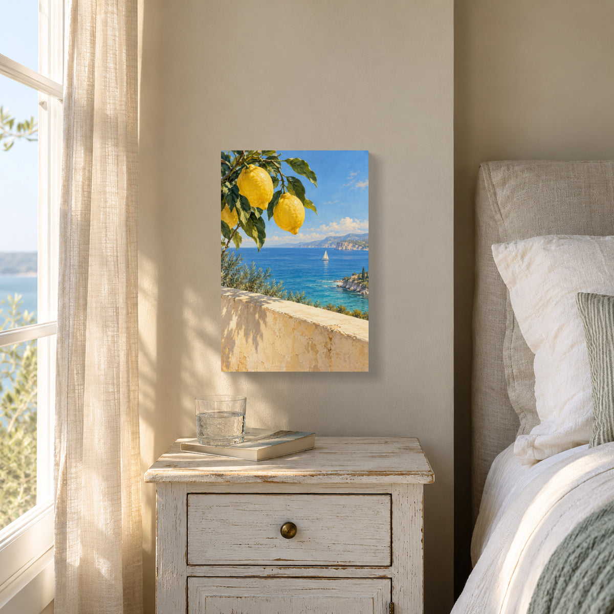 Lemon Tree Coastal Canvas Wall Art, Blue Bay and Sailboat Landscape, 12 x 18 Inches, Gallery Wrapped, No Outer Frame — Third lifestyle view of complete 12 by 18 inch canvas — Image 3