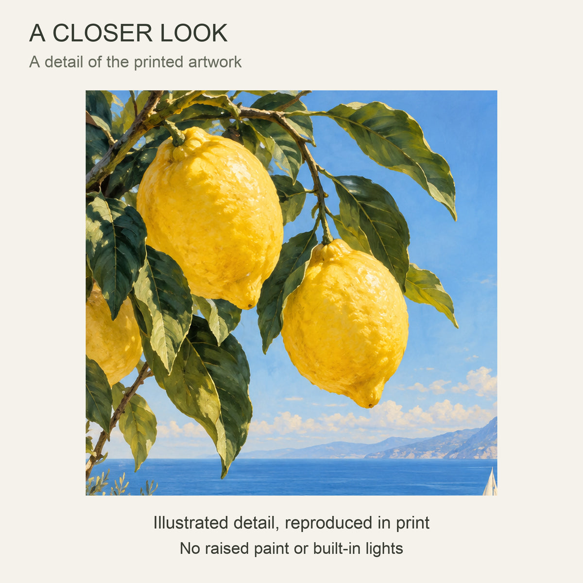 Lemon Tree Coastal Canvas Wall Art, Blue Bay and Sailboat Landscape, 12 x 18 Inches, Gallery Wrapped, No Outer Frame — Close-up crop of printed artwork — Image 4