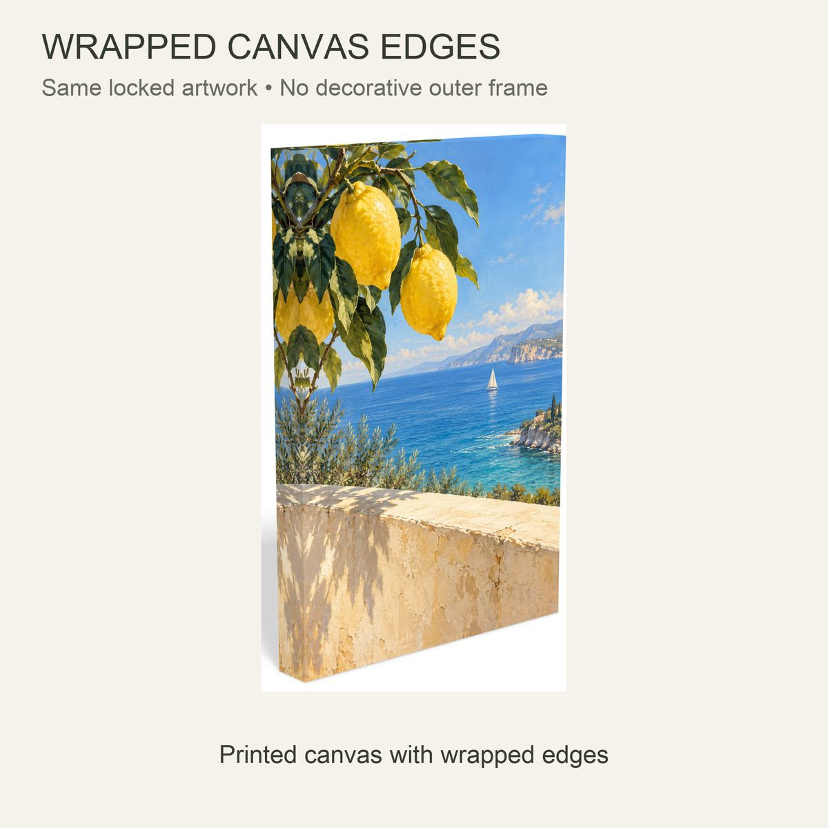 Lemon Tree Coastal Canvas Wall Art, Blue Bay and Sailboat Landscape, 12 x 18 Inches, Gallery Wrapped, No Outer Frame — Same artwork wrapped canvas edge detail, no outer frame — Image 6