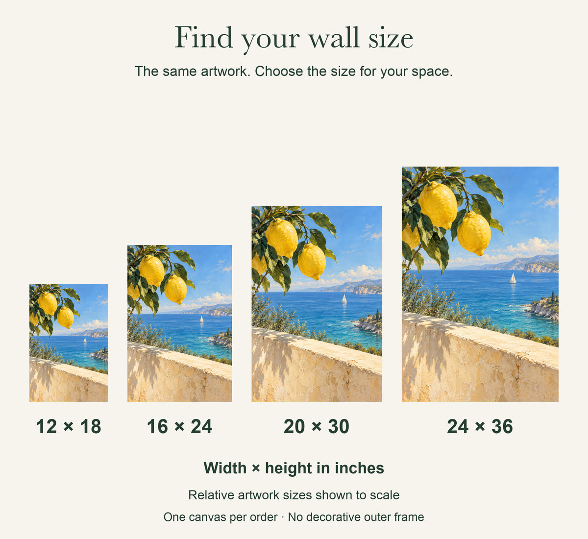 Lemon Tree Coastal Canvas Wall Art, Blue Bay and Sailboat Landscape, 12 x 18 Inches, Gallery Wrapped, No Outer Frame — artwork size comparison, width × height in inches — Image 8
