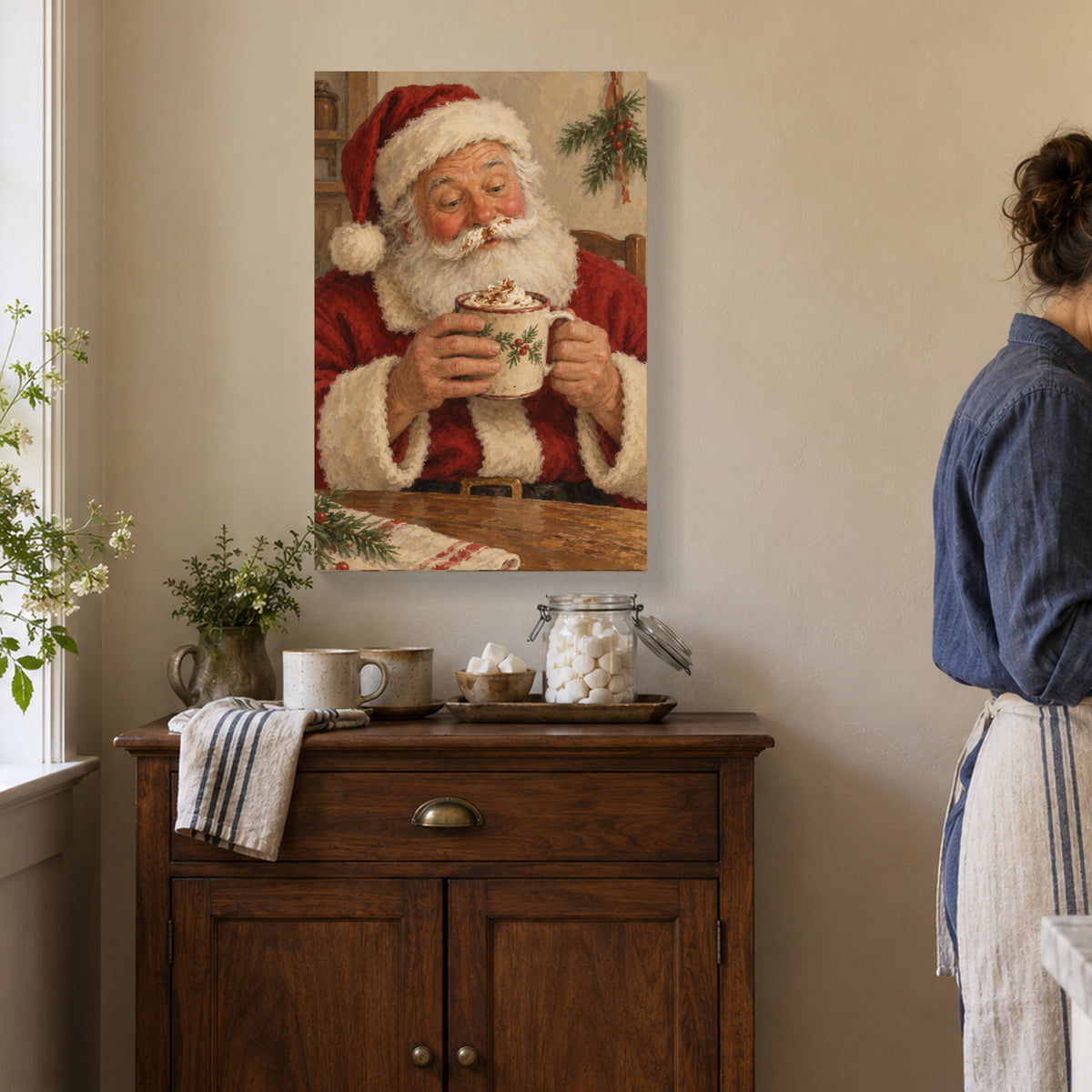 Santa Has a Cocoa Moustache — Christmas Canvas Wall Art — Complete canvas in a themed home setting — Image 1