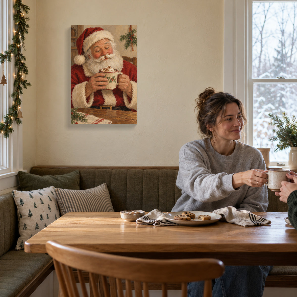 Santa Has a Cocoa Moustache — Christmas Canvas Wall Art — Lifestyle view of the complete canvas — Image 2
