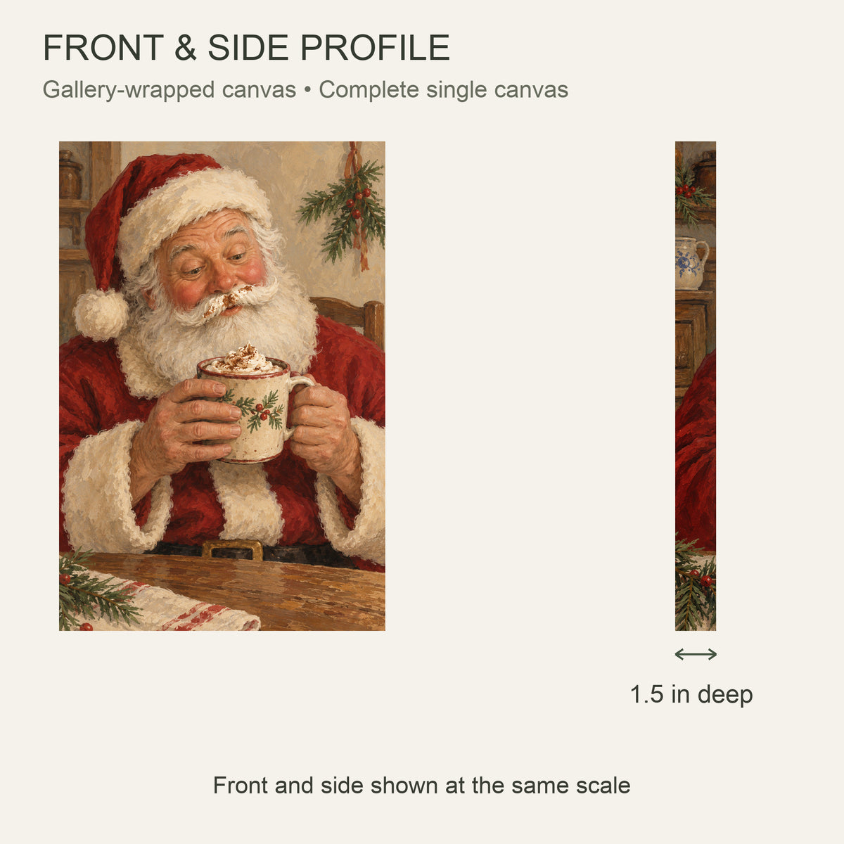 Santa Has a Cocoa Moustache — Christmas Canvas Wall Art — Complete front and 1.5 inch side profile — Image 5