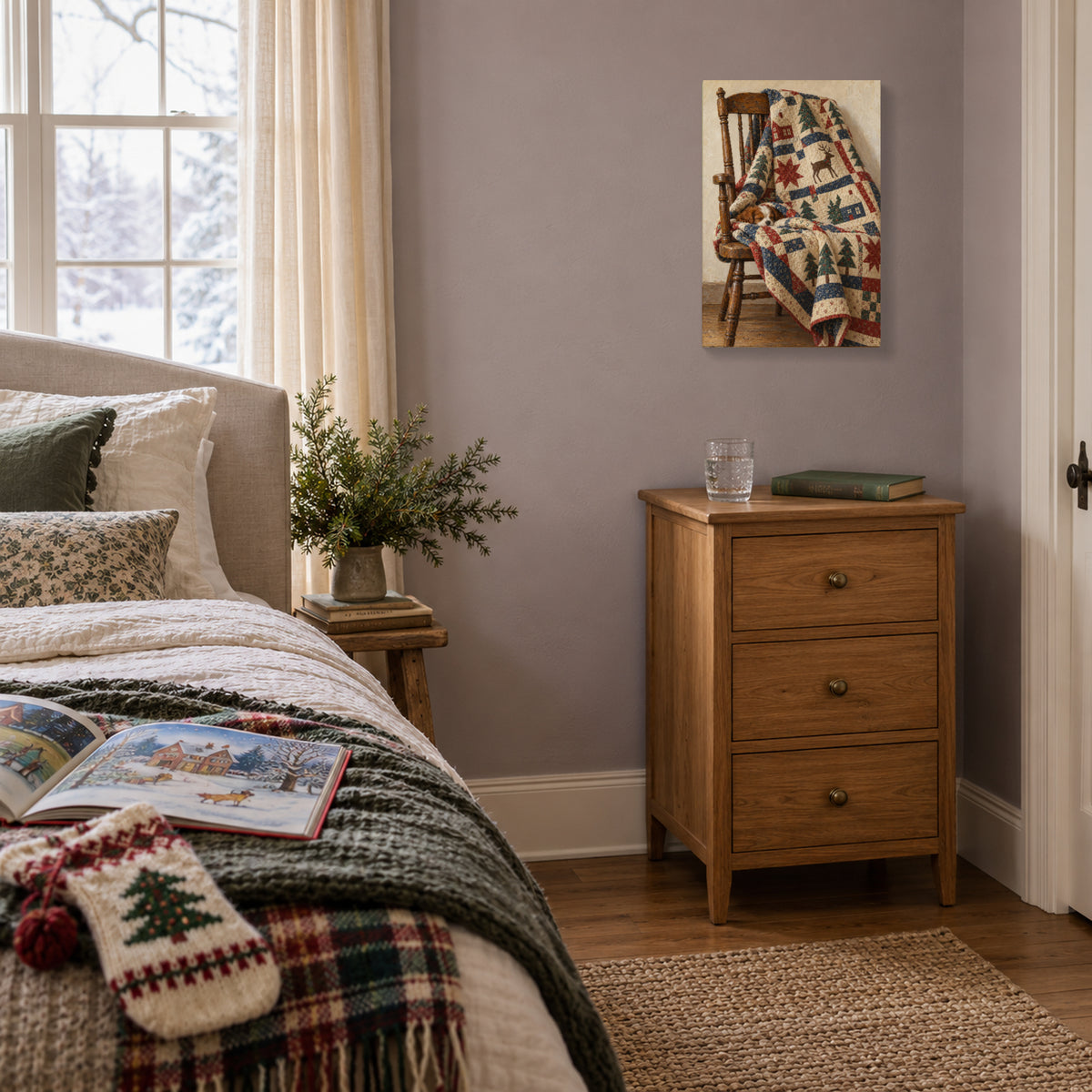 Christmas Stitched into a Quilt — Christmas Canvas Wall Art — Lifestyle view of the complete canvas — Image 2