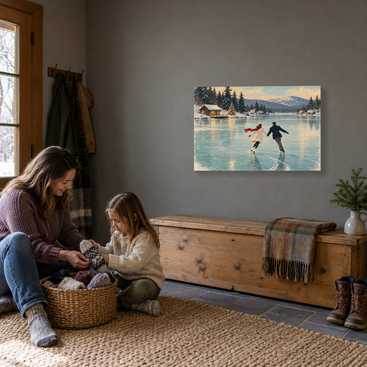A Red Scarf on the Ice — Christmas Canvas Wall Art — Alternative lifestyle view of the complete canvas — Image 3