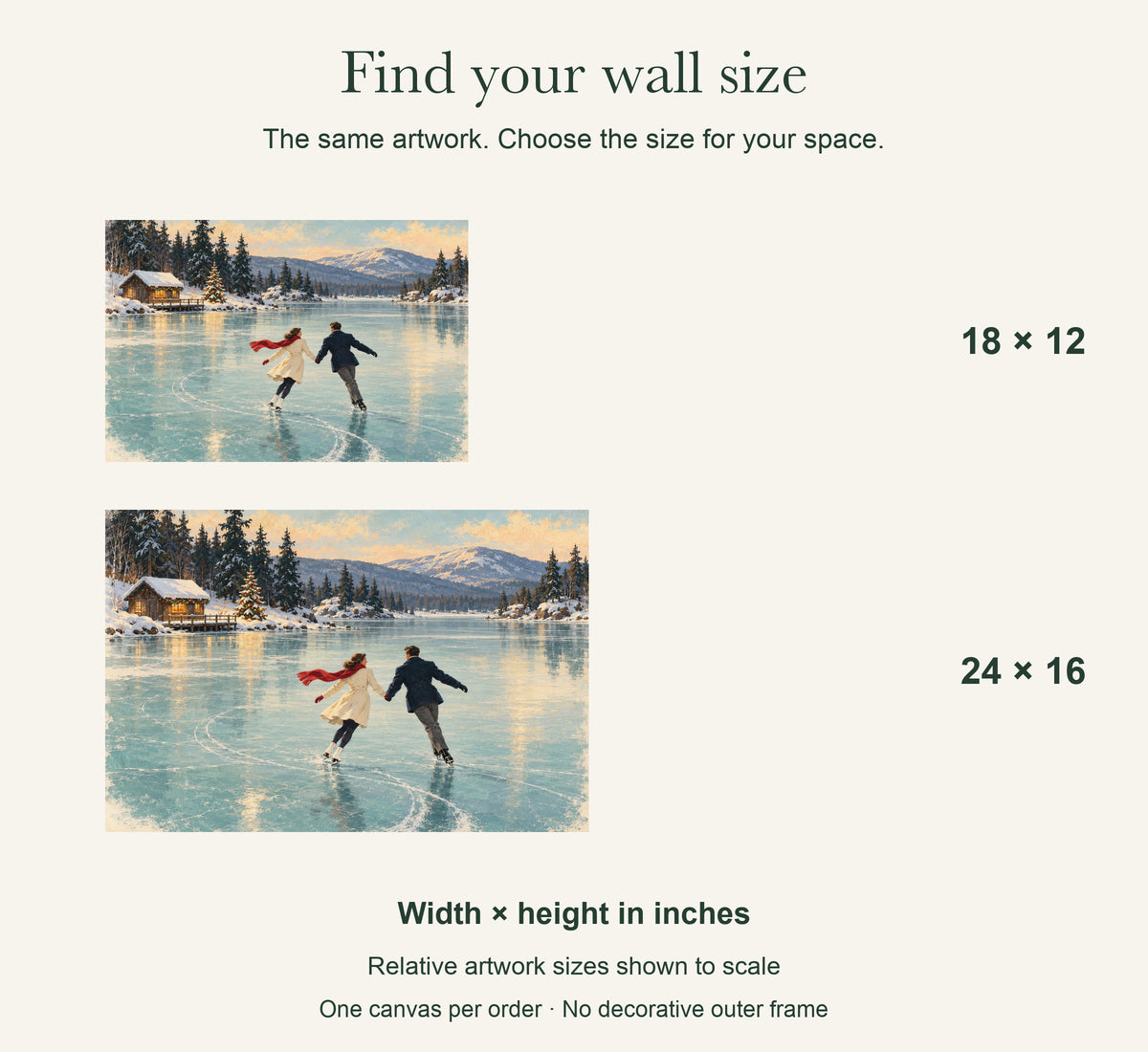 A Red Scarf on the Ice — Christmas Canvas Wall Art — artwork size comparison, width × height in inches — Image 8