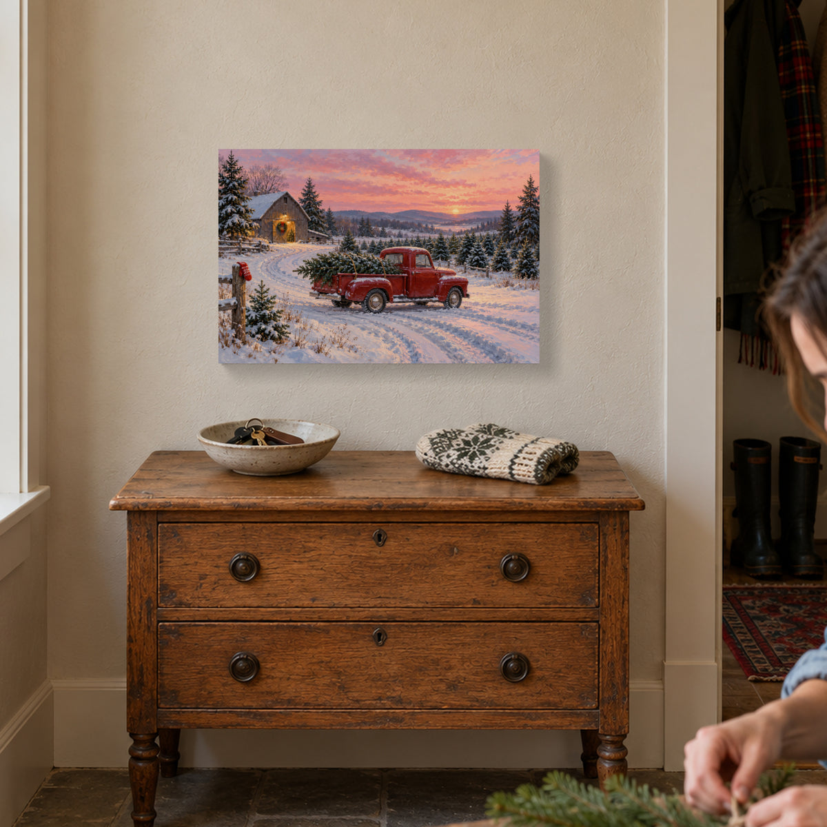 The Last Christmas Tree Comes Home — Christmas Canvas Wall Art — Complete canvas in a themed home setting — Image 1