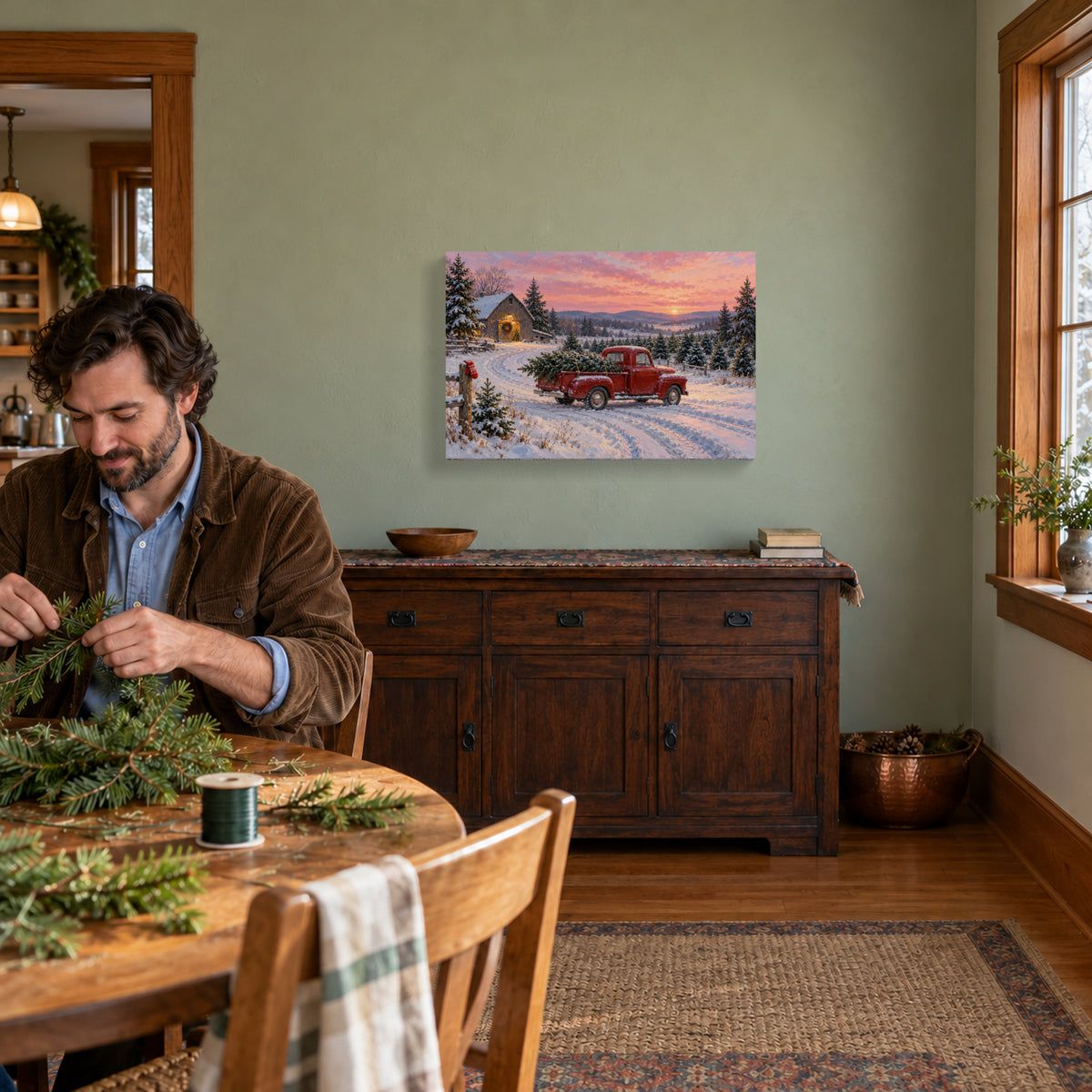 The Last Christmas Tree Comes Home — Christmas Canvas Wall Art — Lifestyle view of the complete canvas — Image 2