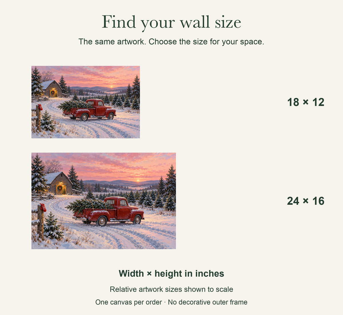 The Last Christmas Tree Comes Home — Christmas Canvas Wall Art — artwork size comparison, width × height in inches — Image 8
