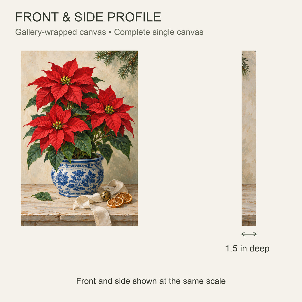 Christmas Red in Blue Porcelain — Christmas Canvas Wall Art — Complete front and 1.5 inch side profile — Image 5