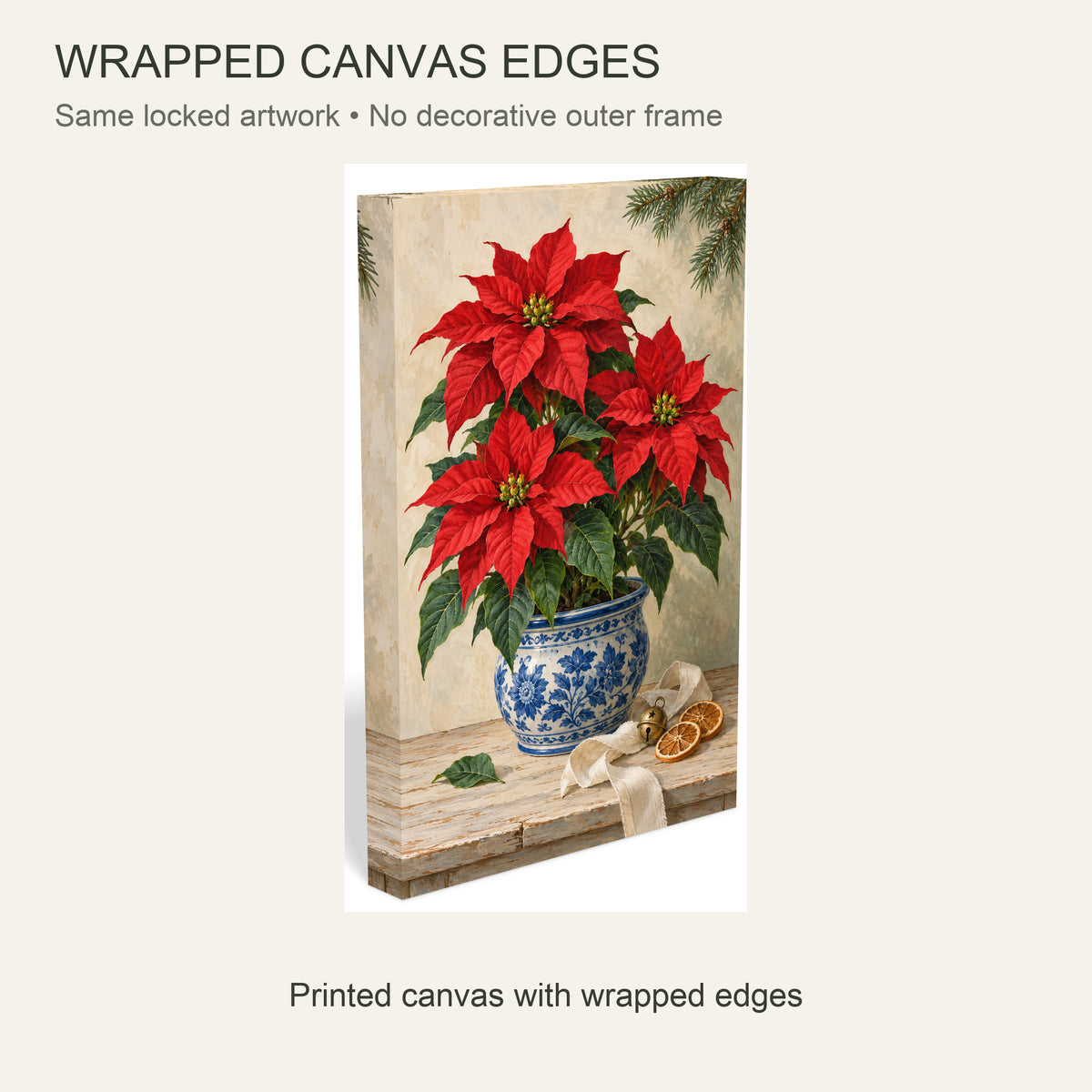 Christmas Red in Blue Porcelain — Christmas Canvas Wall Art — Continuous wrapped canvas edge detail, no outer frame — Image 6