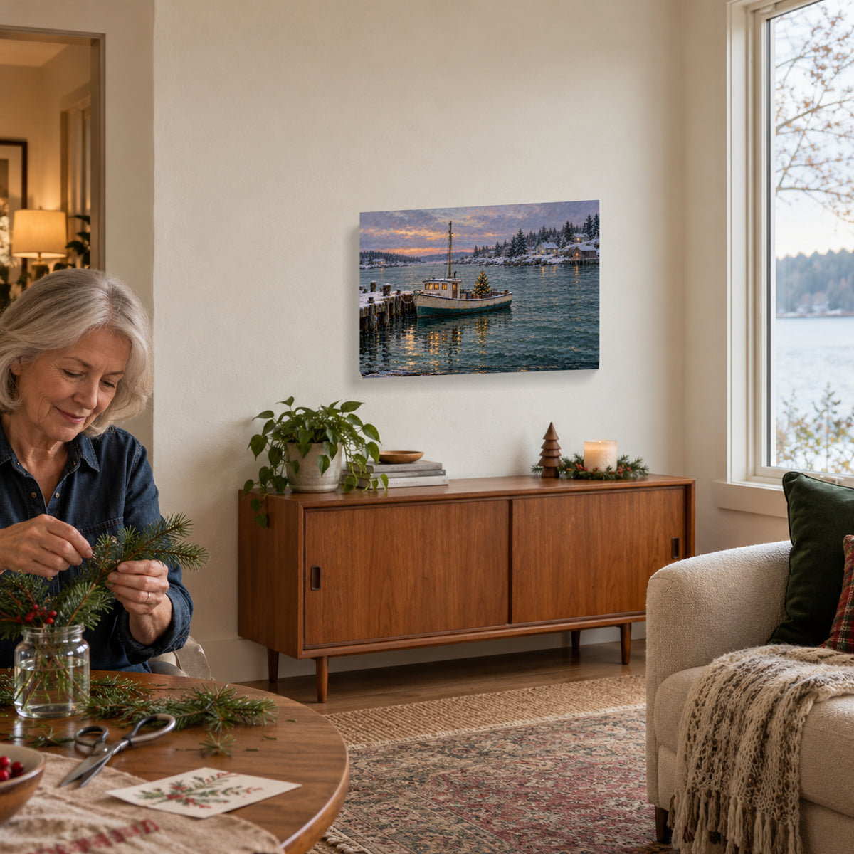 A Christmas Tree in the Harbor — Christmas Canvas Wall Art — Alternative lifestyle view of the complete canvas — Image 3
