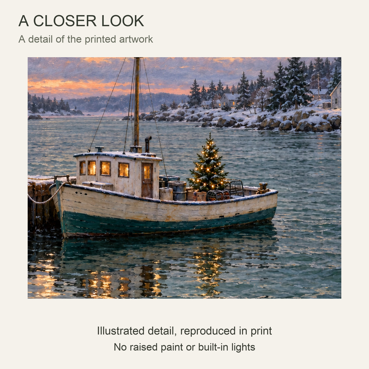 A Christmas Tree in the Harbor — Christmas Canvas Wall Art — Detail crop of the printed artwork — Image 4