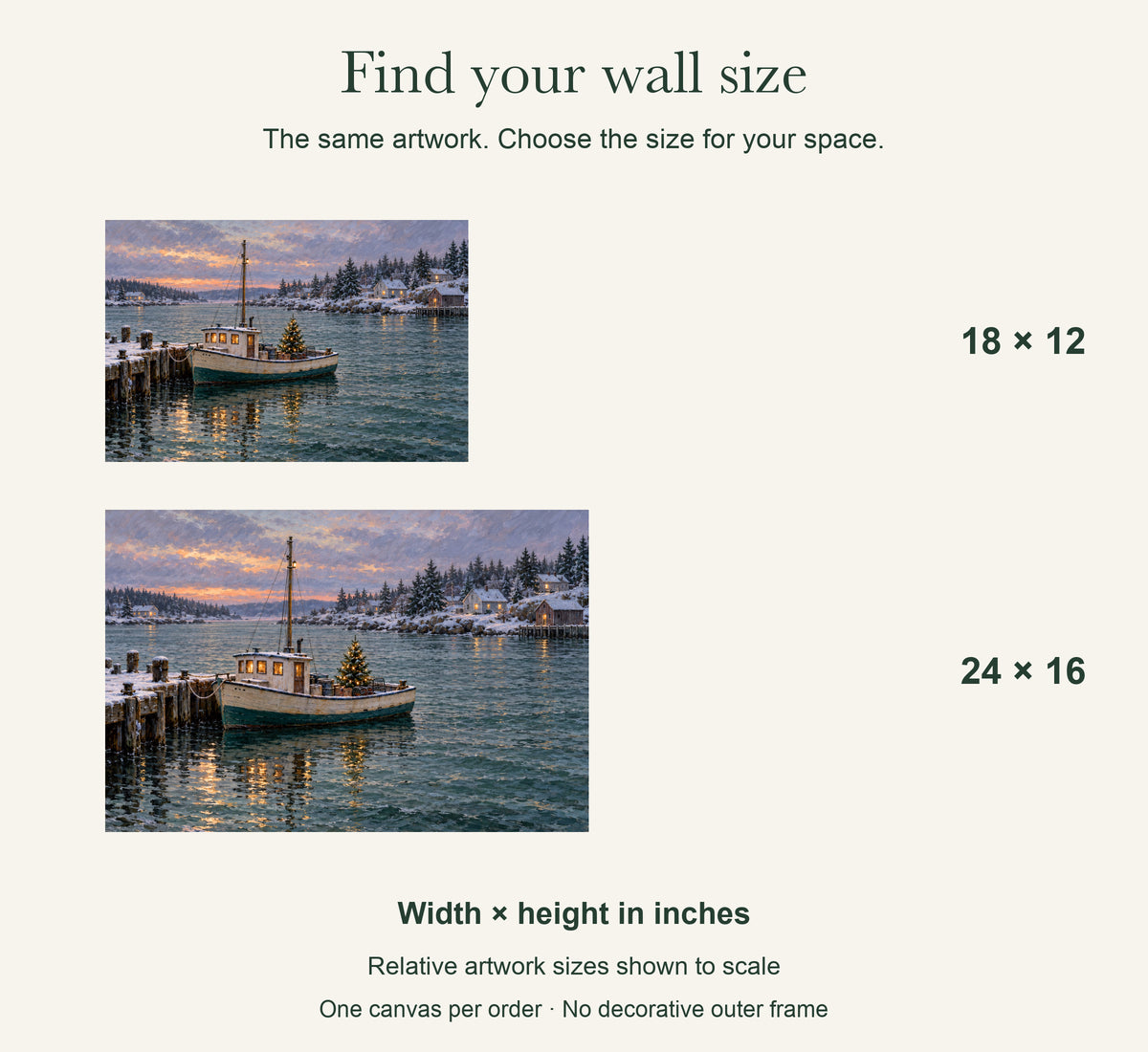 A Christmas Tree in the Harbor — Christmas Canvas Wall Art — artwork size comparison, width × height in inches — Image 8