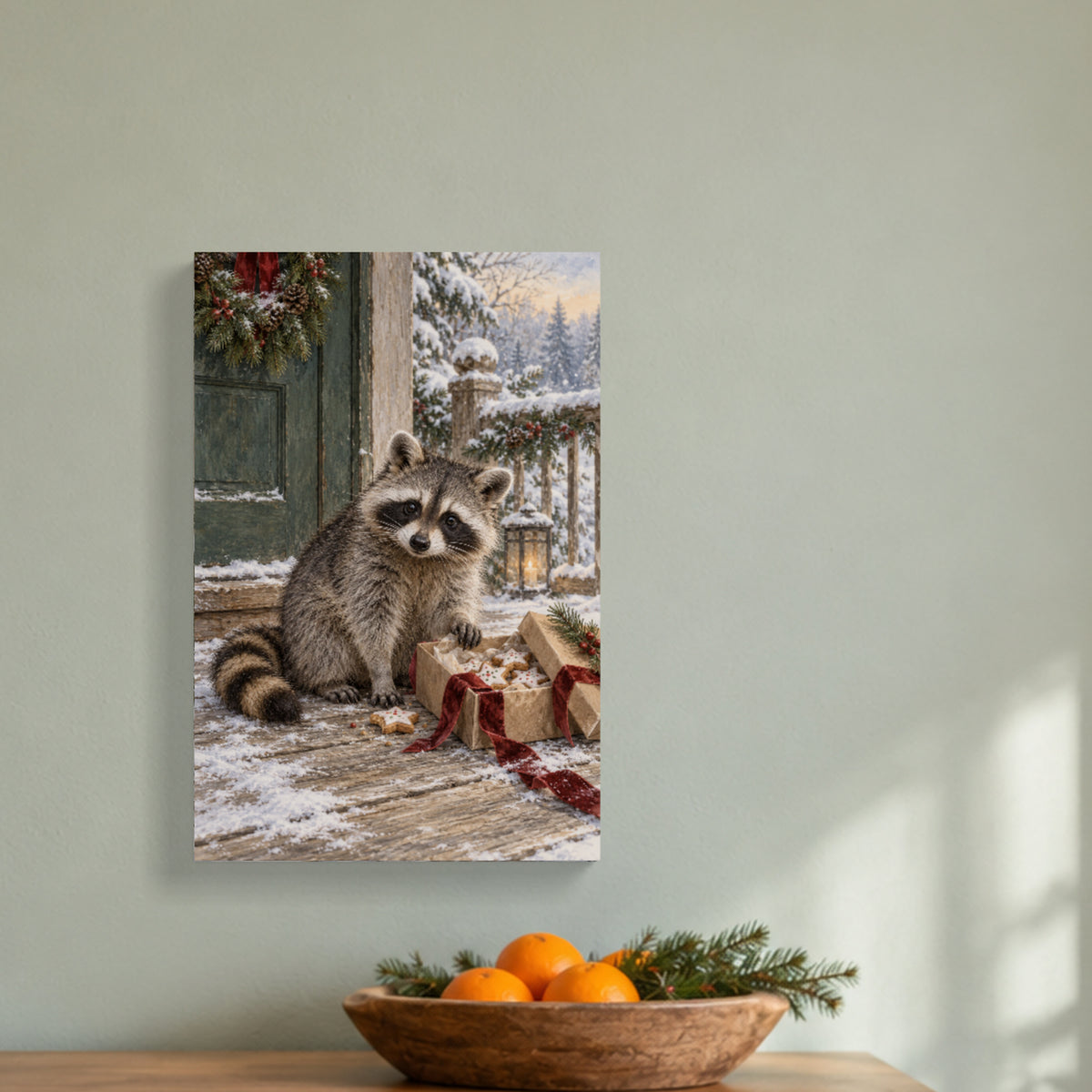 The Raccoon Found the Cookies — Christmas Canvas Wall Art — Complete canvas in a themed home setting — Image 1