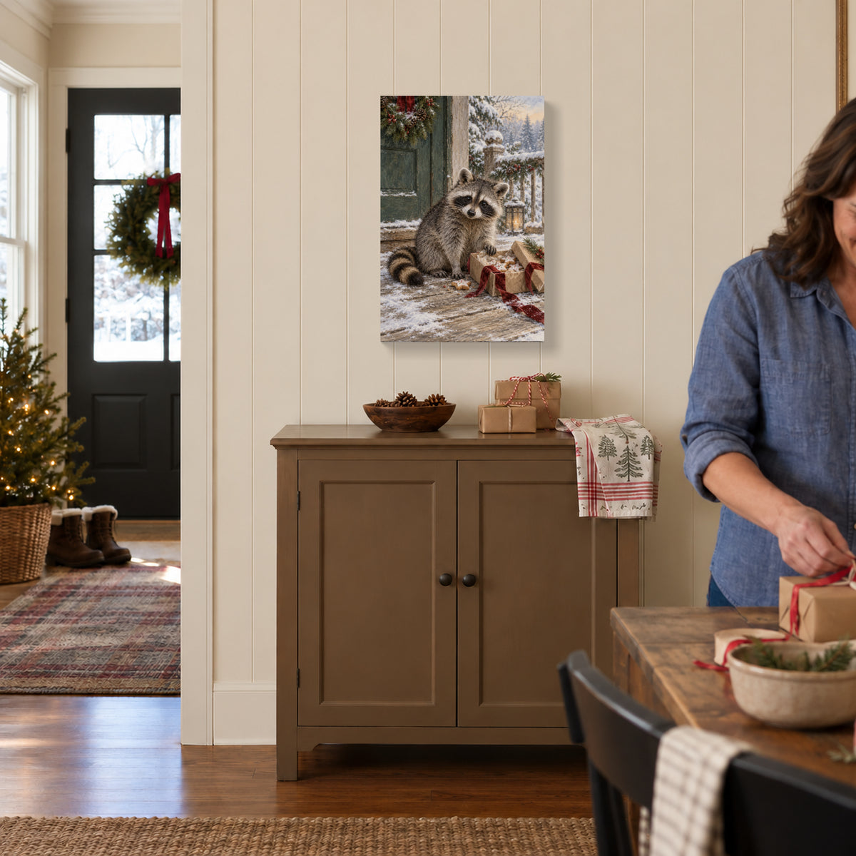 The Raccoon Found the Cookies — Christmas Canvas Wall Art — Lifestyle view of the complete canvas — Image 2