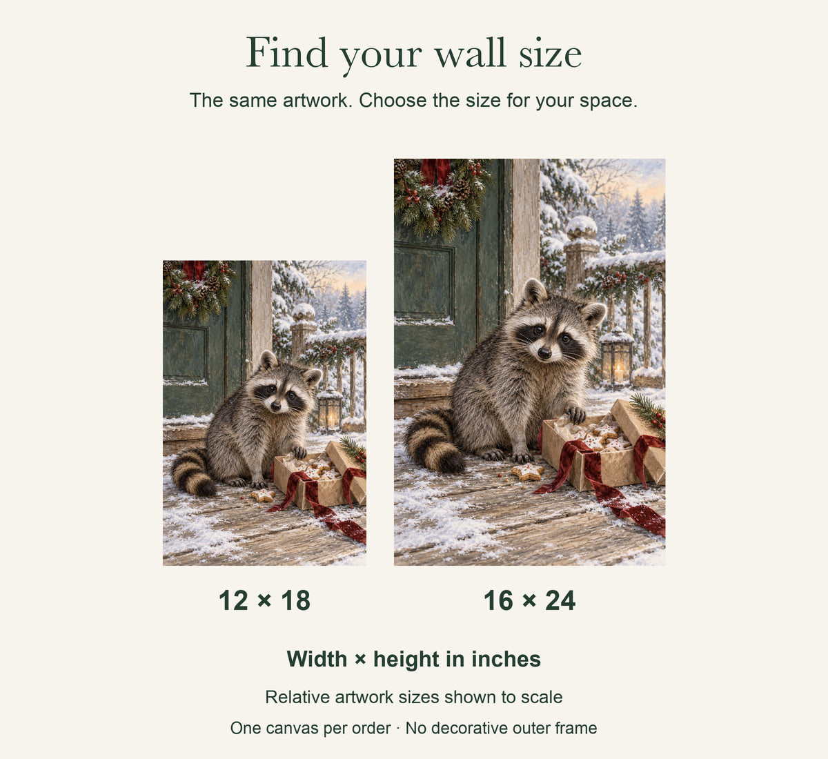 The Raccoon Found the Cookies — Christmas Canvas Wall Art — artwork size comparison, width × height in inches — Image 8