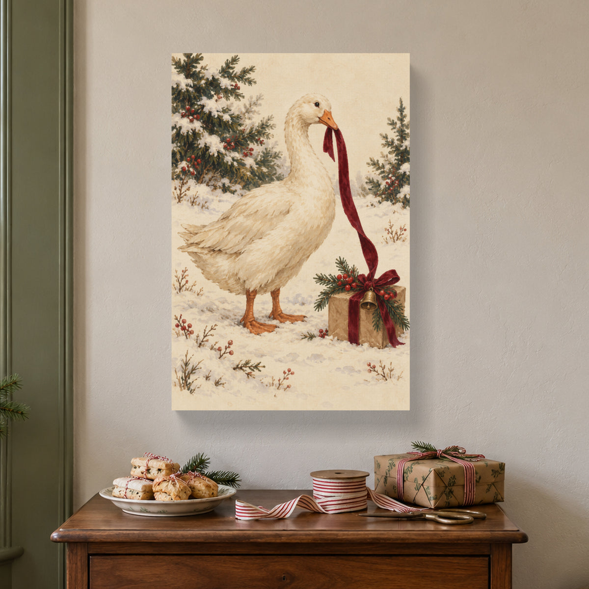 The Goose Took the Ribbon — Christmas Canvas Wall Art — Complete canvas in a themed home setting — Image 1
