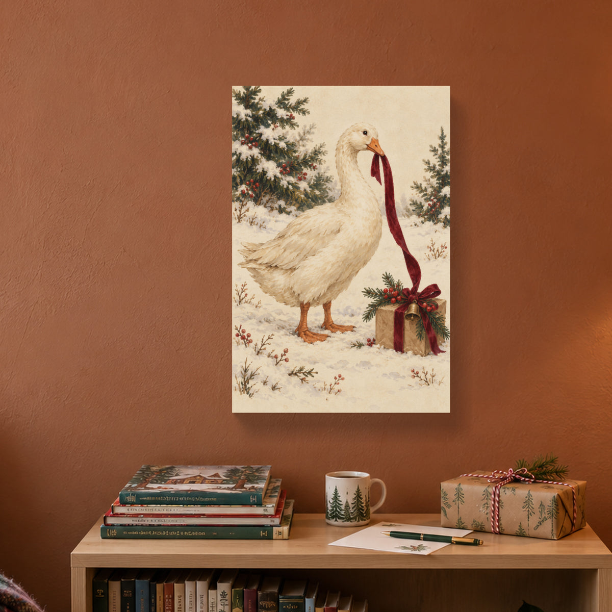 The Goose Took the Ribbon — Christmas Canvas Wall Art — Alternative lifestyle view of the complete canvas — Image 3