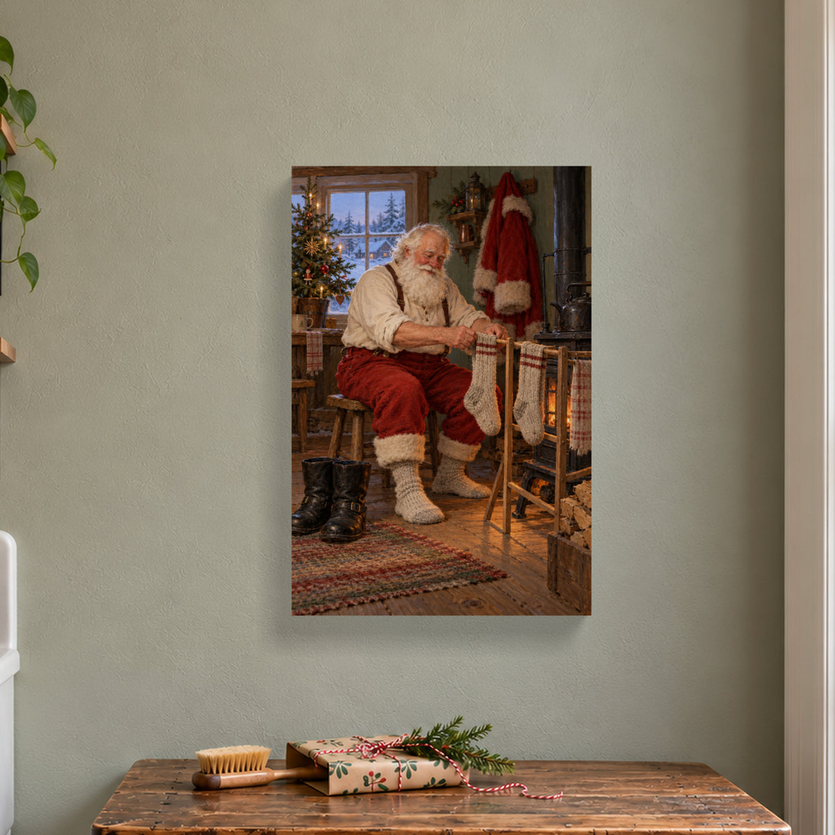 Even Santa Has Laundry — Christmas Canvas Wall Art — Complete canvas in a themed home setting — Image 1