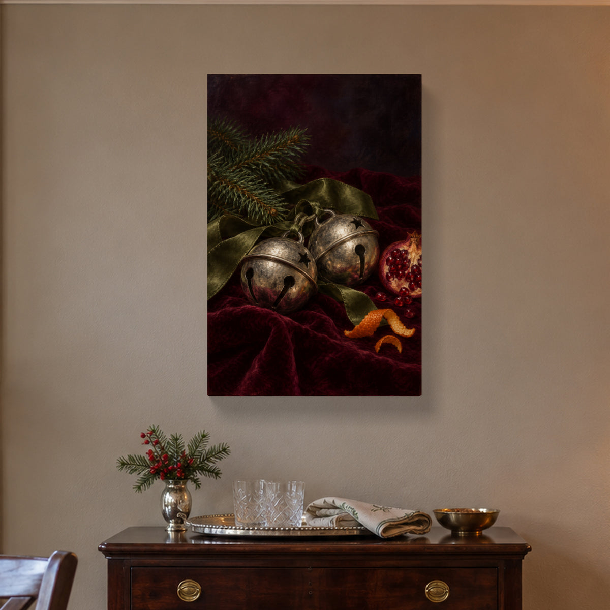 Old Silver Bells on Christmas Eve — Christmas Canvas Wall Art — Complete canvas in a themed home setting — Image 1