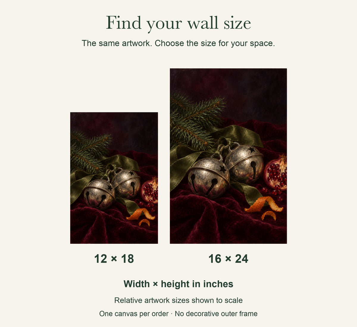 Old Silver Bells on Christmas Eve — Christmas Canvas Wall Art — artwork size comparison, width × height in inches — Image 8
