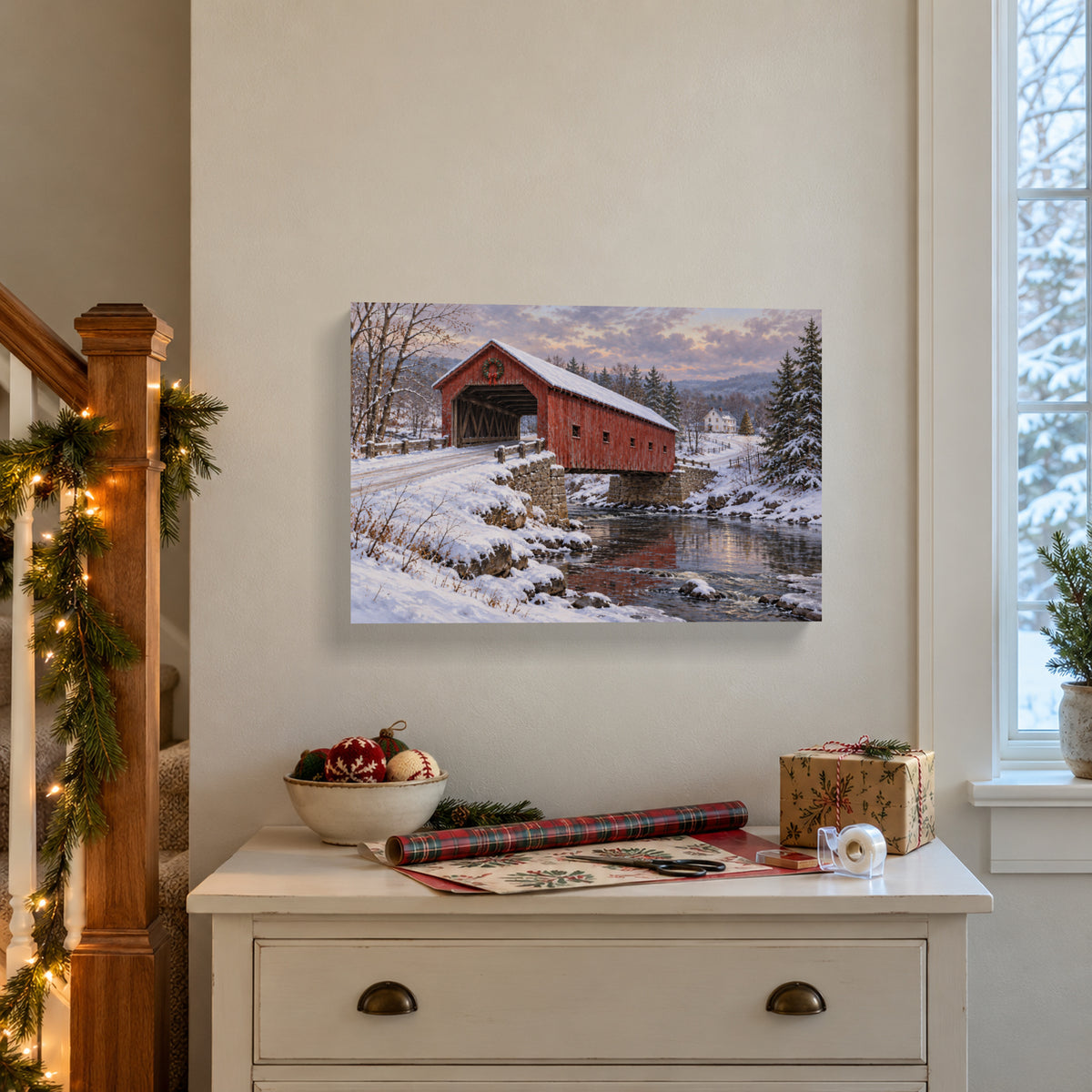 Christmas Beyond the Covered Bridge — Christmas Canvas Wall Art — Lifestyle view of the complete canvas — Image 2