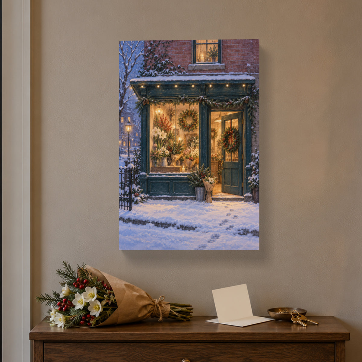 The Flower Shop Stays Open — Christmas Canvas Wall Art — Complete canvas in a themed home setting — Image 1
