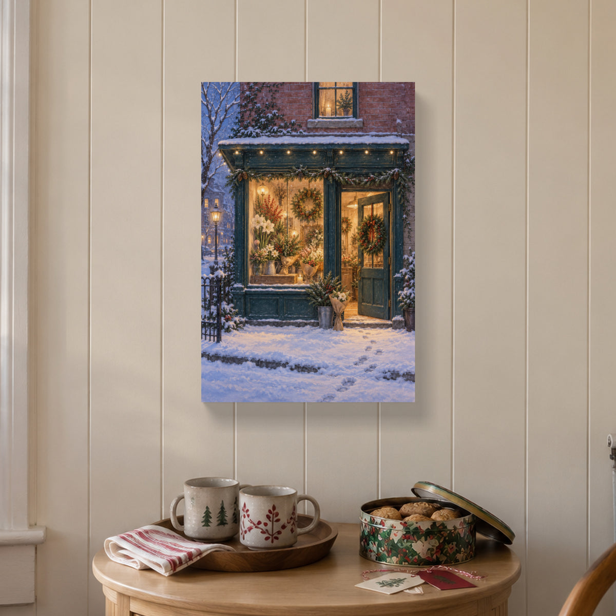 The Flower Shop Stays Open — Christmas Canvas Wall Art — Alternative lifestyle view of the complete canvas — Image 3