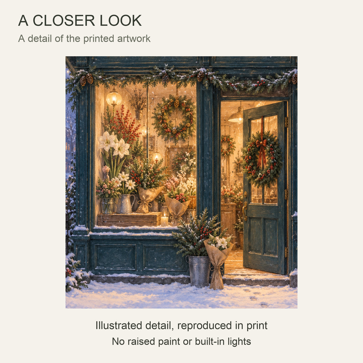 The Flower Shop Stays Open — Christmas Canvas Wall Art — Detail crop of the printed artwork — Image 4