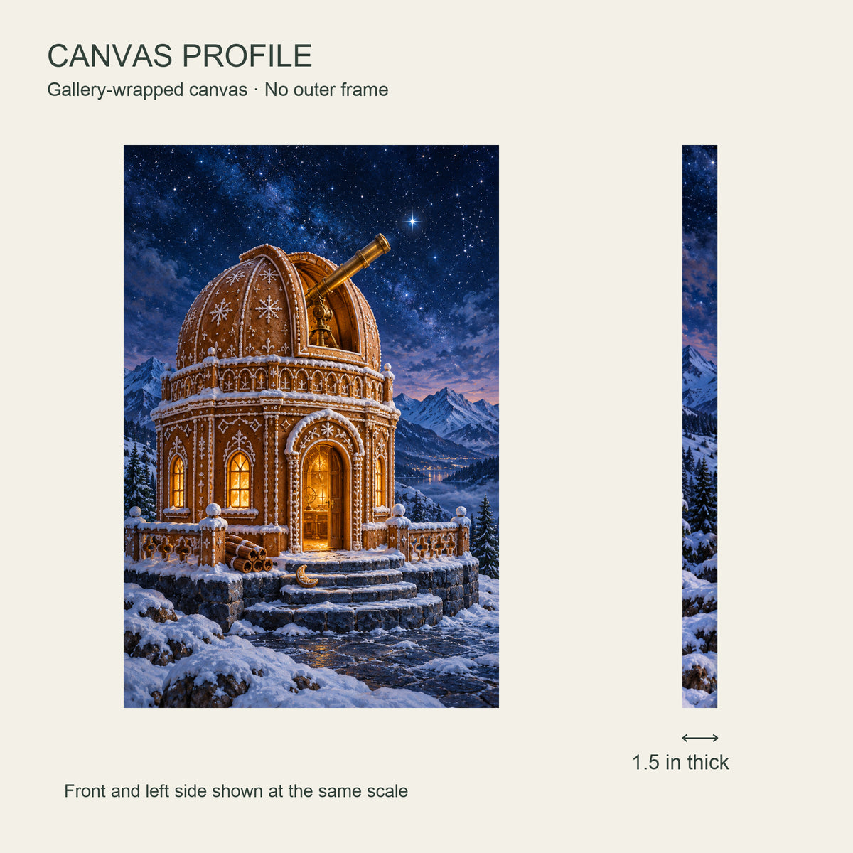 The Gingerbread Observatory — Christmas Canvas Wall Art — Front and left side profile at the same scale, 1.5 inches deep — Image 5