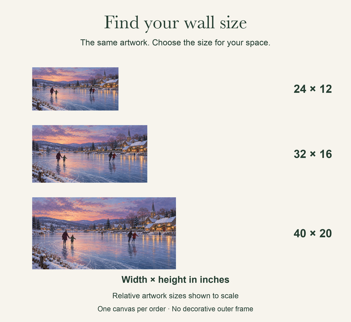 The Last Christmas Waltz on Ice — Christmas Canvas Wall Art — artwork size comparison, width × height in inches — Image 7