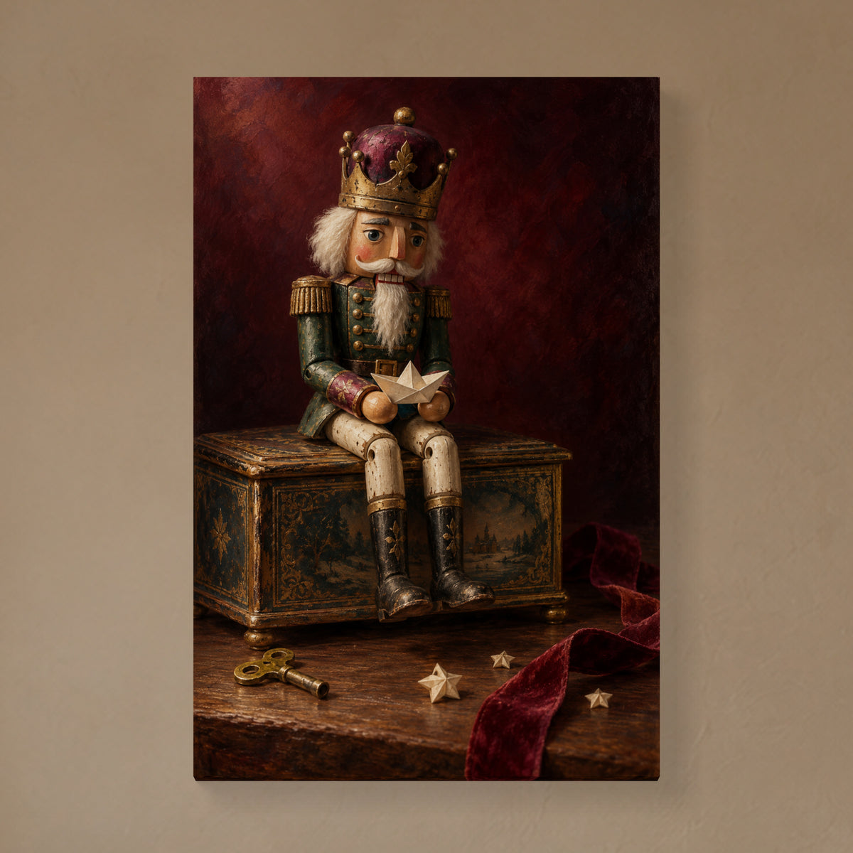The Nutcracker’s Paper Voyage — Christmas Canvas Wall Art — Complete canvas on a softly lit wall, lifestyle main image — Image 1