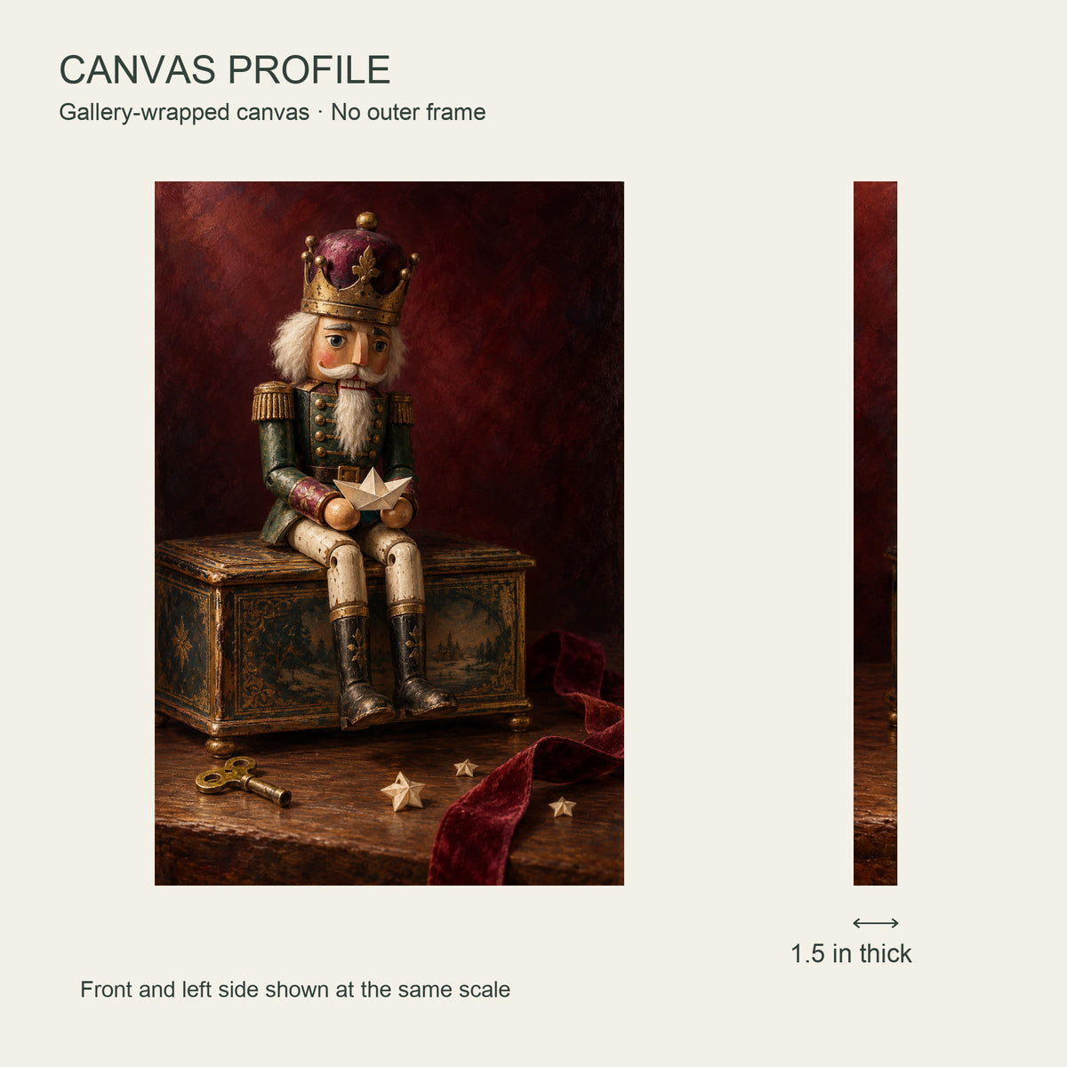 The Nutcracker’s Paper Voyage — Christmas Canvas Wall Art — Front and left side profile at the same scale, 1.5 inches deep — Image 5